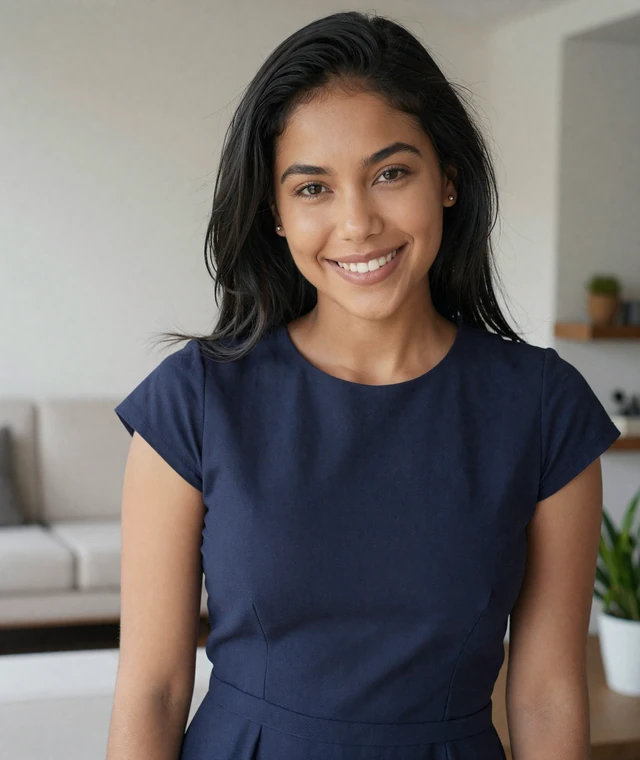 Mariana in a bright home interior, polished profile photo for serious Latin dating comparisons
