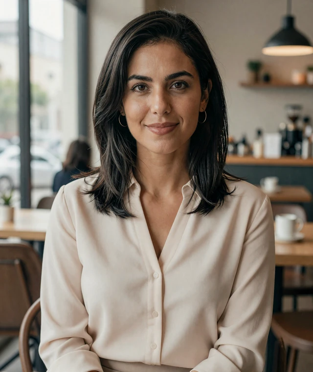 Daniela in a modern cafe, example of a mature Latina dating profile for men over 40