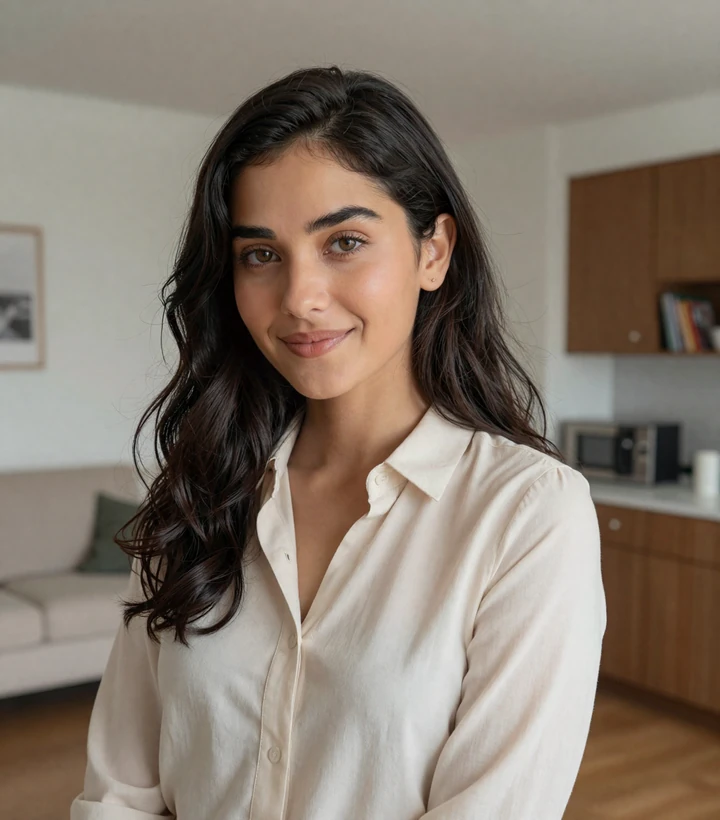 Sofia smiling in a bright apartment, example of a relationship-minded Latina profile on Latidate