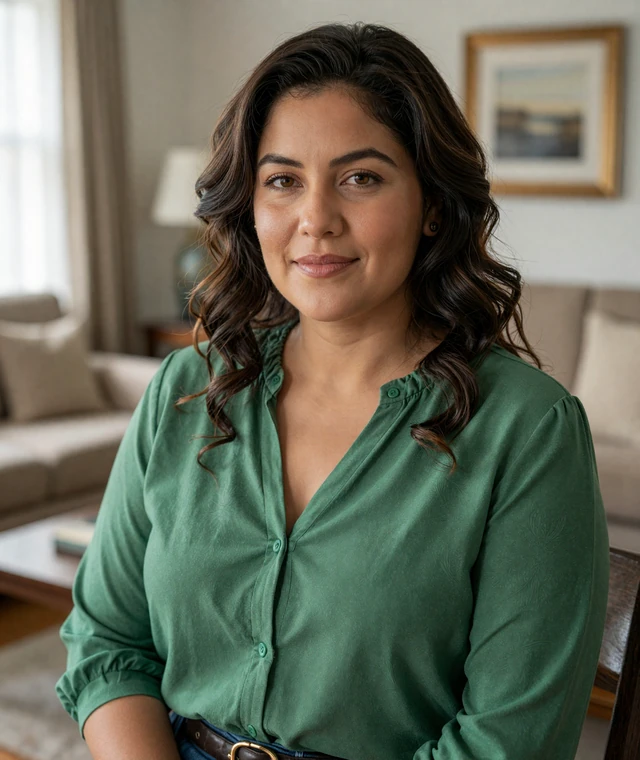 Lucia in a tasteful living room, premium dating profile example for marriage-minded users